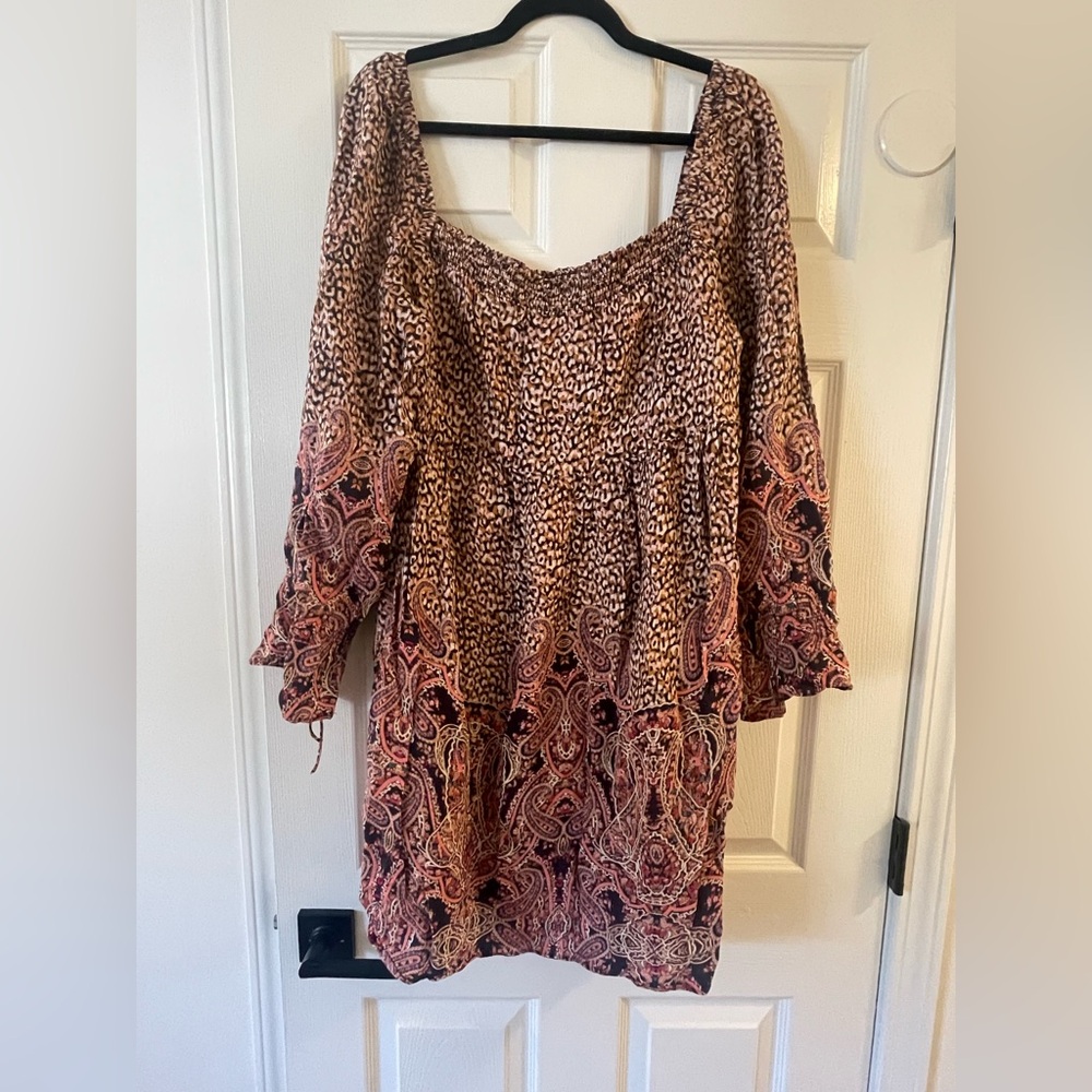 Maeve Pink, Tan, Navy Mixed-Print Long Sleeve Peasant Dress